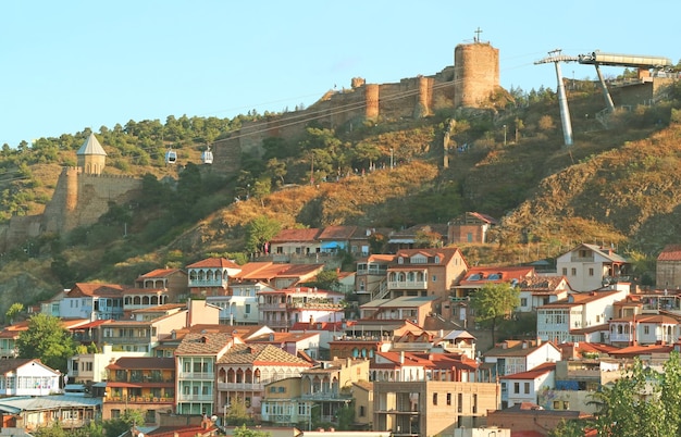 Impressive View of Narikala Ancient Fortress with the Cable Car for Visitors, Tbilisi, Georgia