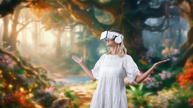 Photo impressive woman looking by vr maple leave falling stream meta contraption