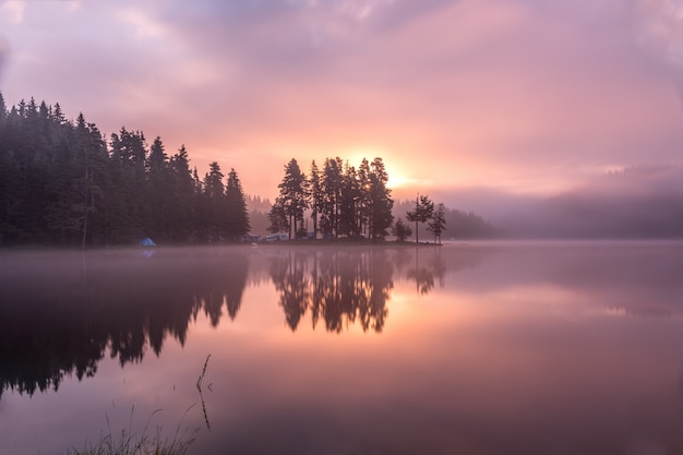 Impressively beautiful mountain lake Shiroka Polyana in Rodopi Mountain, Bulgaria.