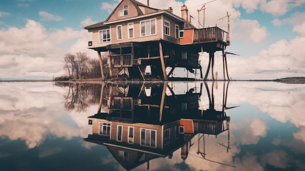 Imprint of the house on the water Upside down house Generative AI