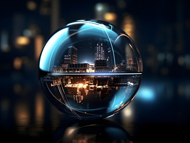 Incandescent Circuit Embellished Glass Sphere Illuminating a Futuristic Digital Cityscape