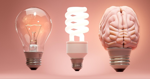 Incandescent energy saving and human brain light bulbs in a row Concept of evolution inspiritation creativity idea education innovation and energy 3D rendering