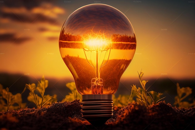 Incandescent light bulb on nature background Energy and technology concept generative ai