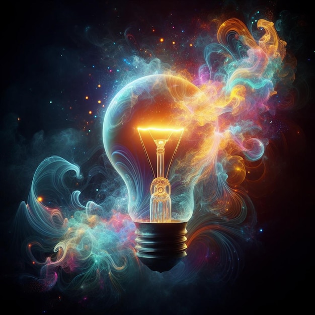 Incandescent light bulb with colorful smoke on black background Generative AI