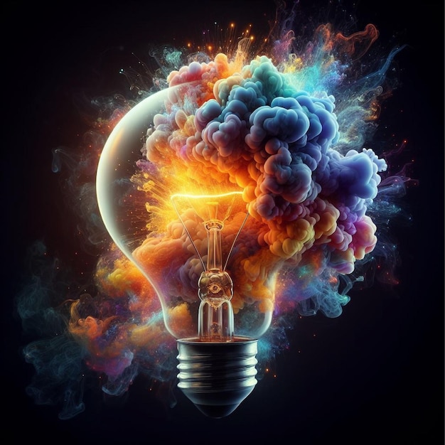 Incandescent light bulb with colorful smoke on black background Generative AI