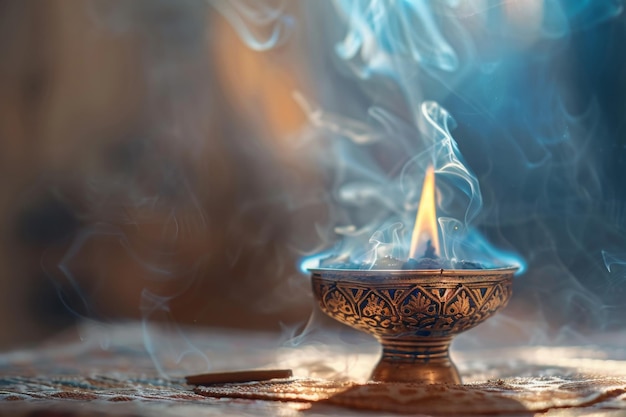 Photo incense burning traditional aroma incense smoke arabian bakhoor burning in a ray of light