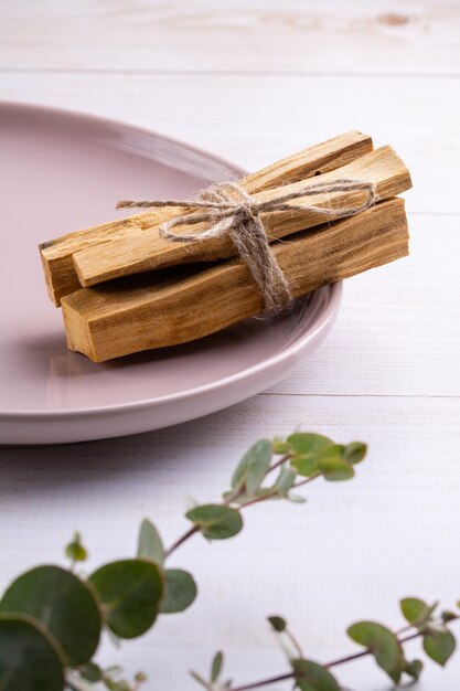 Incense for scenting the home and meditation palo santo sticks and eucalyptus sprigs