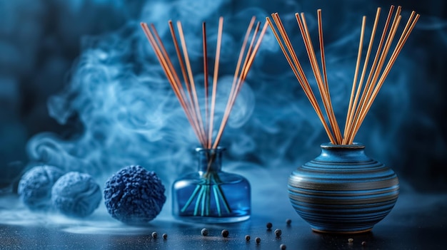 Incense sticks in decorative vases surrounded by swirling smoke