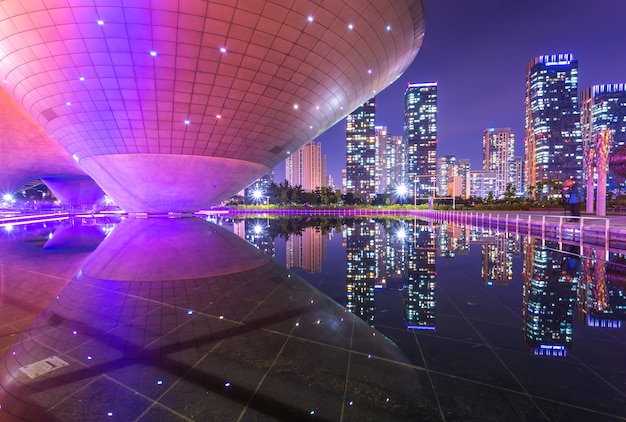 Incheon, South Korea - May 17, 2015: Tri-bowl Building at Central Park in Songdo district, Incheon, South Korea.