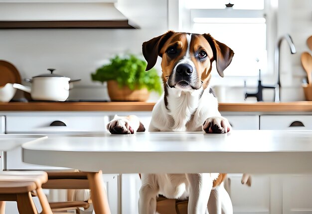 Photo inching forward dog behind a white table