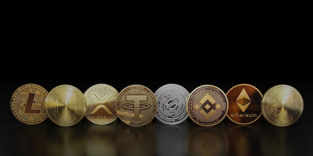 Include Cryptocurrency Coins with bitcoin litecoin ethereum symbols on dark background reflection