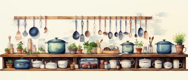 Including all types of kitchen equipment watercolor style Generative AI