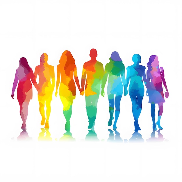 inclusive business group as silhouettes in rainbow colors isolated on white background text area