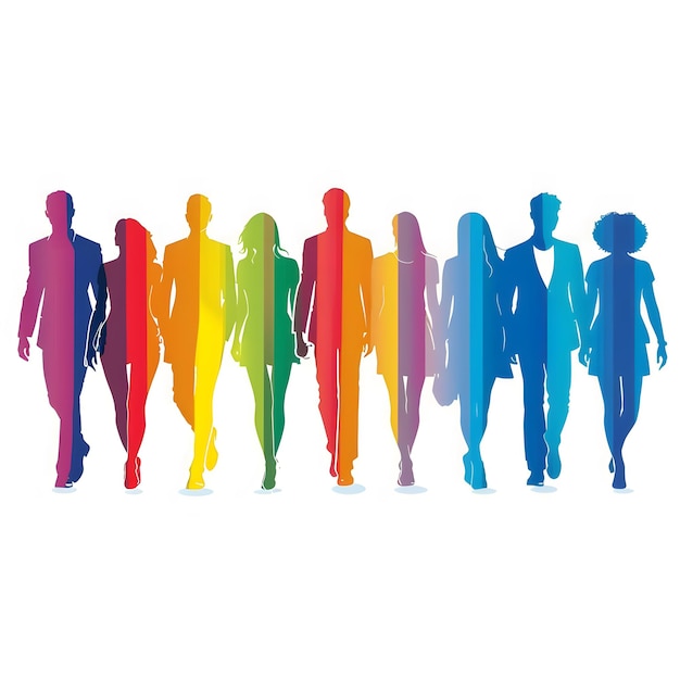 inclusive business group as silhouettes in rainbow colors isolated on white background text area