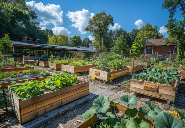 Photo an inclusive community garden with accessible raised beds ensuring that people of all abilities can participate in gardening activities