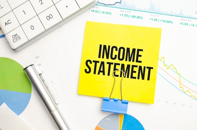 INCOME STATEMENT text on the yellow card on the chart background