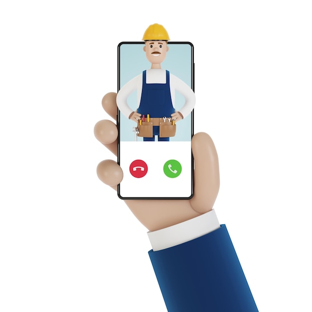 Incoming call on the smartphone screen Husband for an hour Electrician plumber carpenter calling the foreman to work 3D illustration in cartoon style