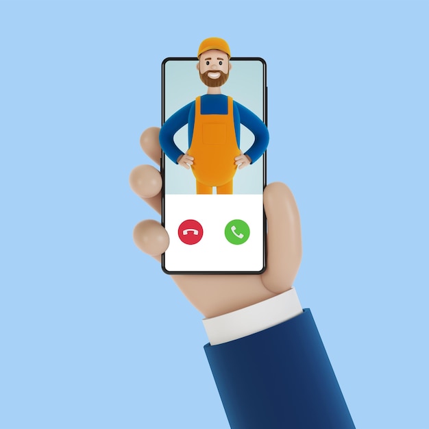 Incoming call on the smartphone screen Husband for an hour Electrician plumber carpenter calling the foreman to work 3D illustration in cartoon style