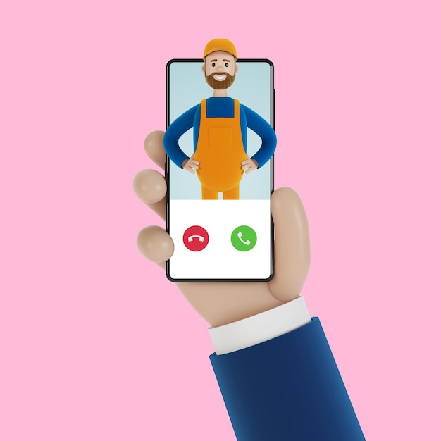 Incoming call on the smartphone screen Husband for an hour Electrician plumber carpenter calling the foreman to work 3D illustration in cartoon style