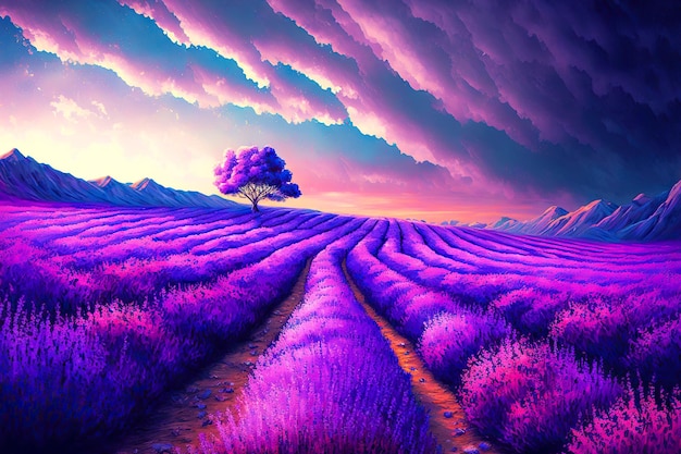 Incredible beautiful purple sky over blooming lavanda field