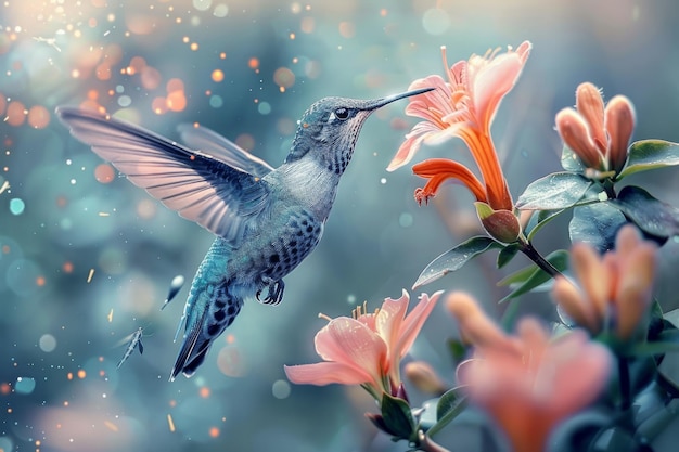 Photo an incredible luxury photo of a hummingbird in flight near a flower