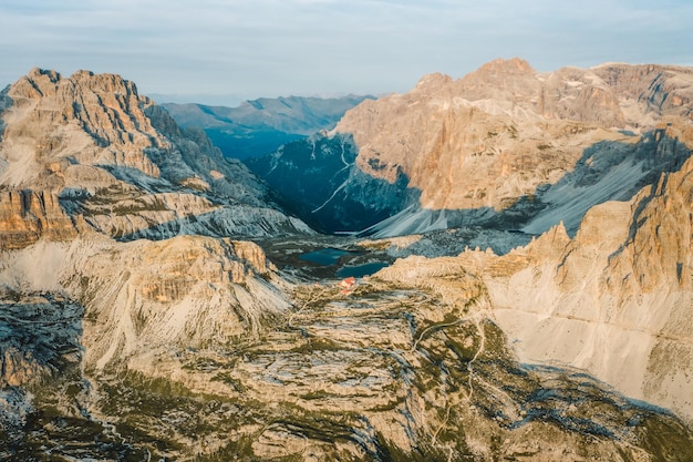 Incredible nature aerial landscape around famous Tre Cime di Lavaredo Rifugio Antonio