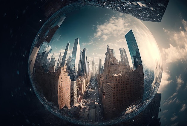 Incredible perspective of a cityscape with glass covered buildings