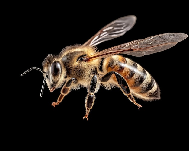 An incredible pollinator a bee flies stunningly on a transparent background in macro Generative AI