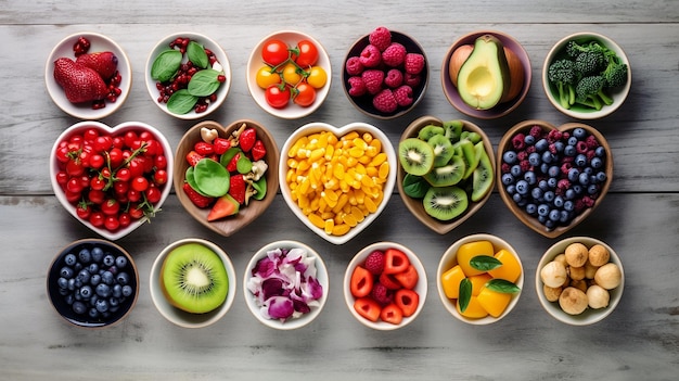 An incredible and tasty Heart Bowls with Colourful Healthy Food on a rustic white wooden table