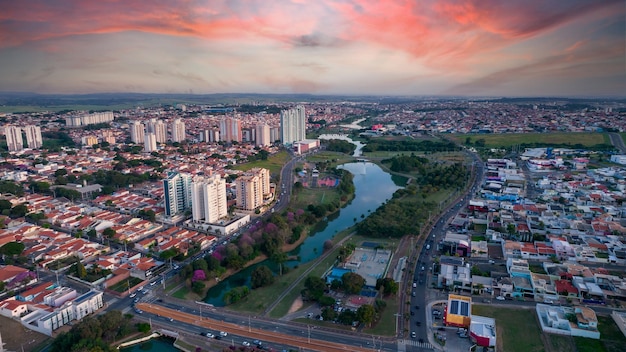 Indaiatuba Ecological Park Beautiful park in the city center with lake and beautiful trees and houses Aerial view