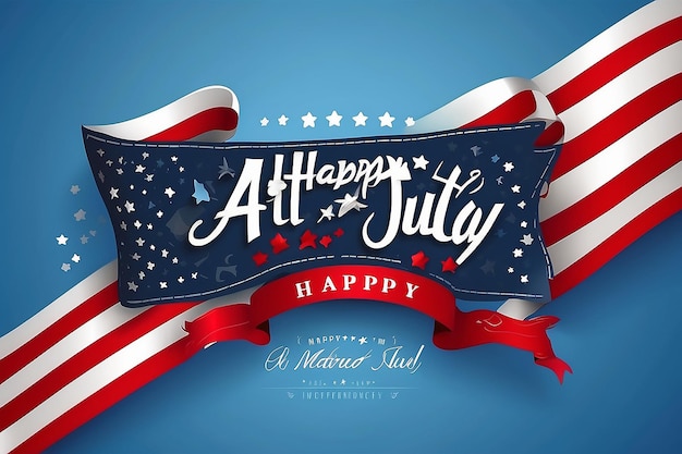 Photo independence day banner with united states national flag and hand drawn lettering text happy 4th of july on blue background