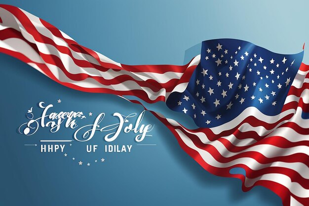 Independence Day banner with United States national flag and hand drawn lettering text Happy 4th of July on blue background