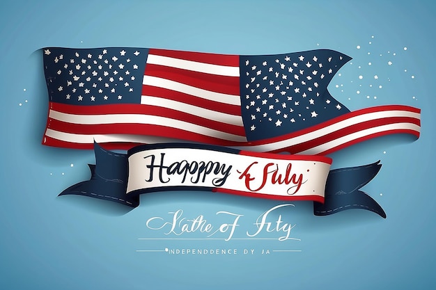 Independence Day banner with United States national flag and hand drawn lettering text Happy 4th of July on blue background