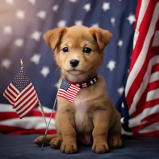 Independence Day Lovable pretty brown puppy and American Flag Closeup indoors