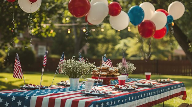 Photo independence day party setup with flag themed tablecloth and balloons