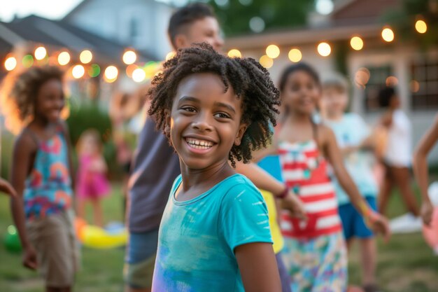 Independence day resurgence Children in summer tshirts plant smiles at camera in leisure circle