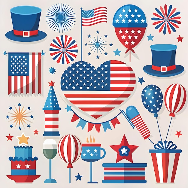 Independence day of United States of America festive watercolor elements set with different holiday