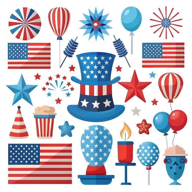 Independence day of United States of America festive watercolor elements set with different holiday