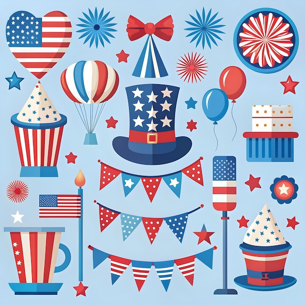 Independence day of United States of America festive watercolor elements set with different holiday