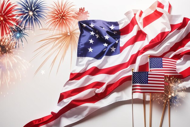 Independence Day of USA American national flag and fireworks background