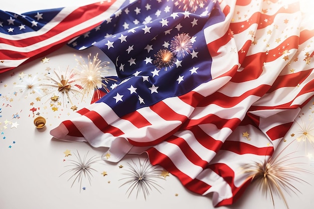 Independence Day of USA American national flag and fireworks background