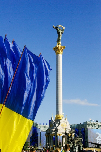 Independence square of Kiev and Ukrainan flag