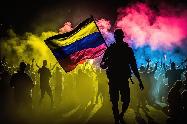 Independencia de colombia Colombia independence day colombian flag Mark with celebrations and events nationwide Residents of Bogota protesting in the streets against Spanish rule Generative AI