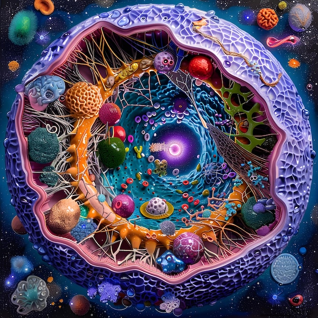 Indepth Visualization of a Biological Cell Structure Highlighting Key Organelles and Cellular Proce