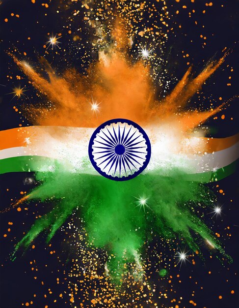 India background in tricolor and Ashoka Chakra with powder color explosion india republic day