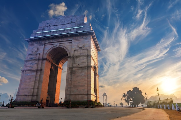 India Gate in New Delhi, sunset view.