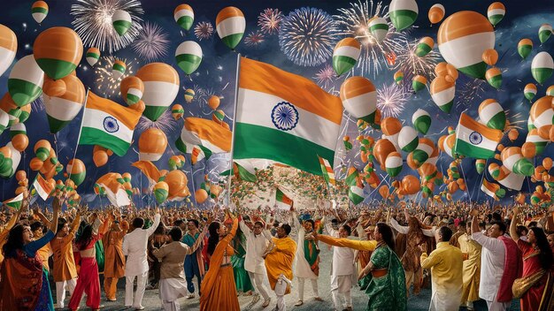 Photo india independence day celebration flag design diwali people banner illustration cloud fo