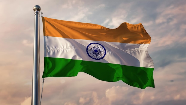 India Waving Flag Against a Cloudy Sky