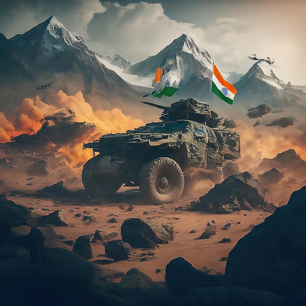 indian army vehicle with flag on desert road