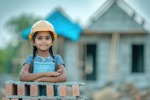 Indian asian Labour girl child posing besides conceptual brick house at construction site